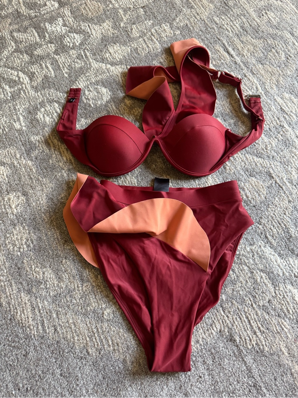 Andrea Iyamah Two-Piece Bikini in Wine with Peach Ruffle